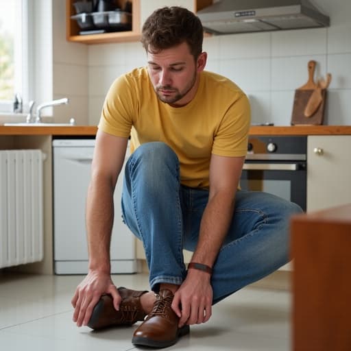 30대 중반의 유럽계 남성이 편안한 티셔츠와 청바지를 입고 깨끗하게 정리된 주방에서 반신을 촬영한 이미지입니다. 그는 주방 환경에 적합한 실용적인 신발을 신고 있으며, 집중한 표정으로 바닥을 바라보며 신발을 신는 모습입니다. 배경에는 식기세척기와 주방용품이 놓인 조리대가 있는 잘 정돈된 주방이 보이며, 조화롭고 아늑한 분위기를 만들어냅니다.
