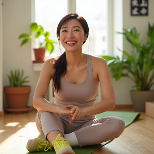 20대 후반의 건강하고 자연스러운 외모를 지닌 아시아계 여성의 반신 사진으로, 활기차고 에너지가 넘치는 미소를 짓고 있습니다. 그녀는 편안한 운동복을 착용하고 밝은 색상의 운동화로 포인트를 주고 있습니다. 배경에는 자연광이 창문을 통해 들어오고 식물들이 배치된 밝고 아늑한 실내 공간이 보입니다. 그녀는 운동용 매트 위에서 스트레칭이나 요가 자세를 취하고 있어 활동적이고 건강한 라이프스타일을 표현하고 있습니다.