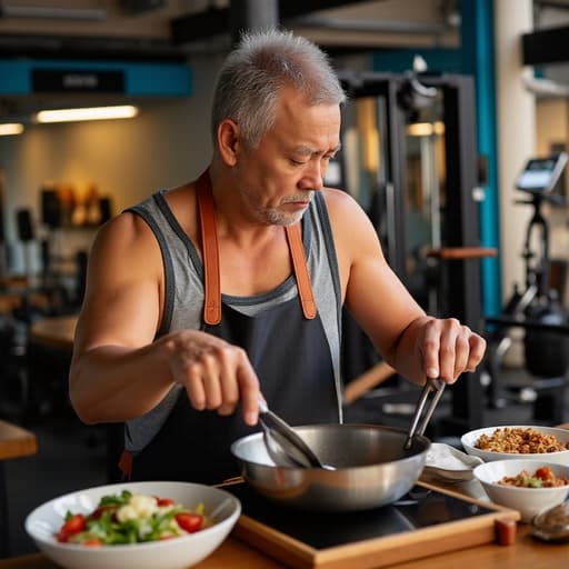 헬스장 내부에서 다양한 운동 기구로 가득한 배경 속, 스포츠웨어와 방수 앞치마를 착용한 40대 초반 아시아계 남성 모델이 요리하려고 절망적인 표정을 지으며 주방 도구를 들고 있는 모습의 반신 사진.