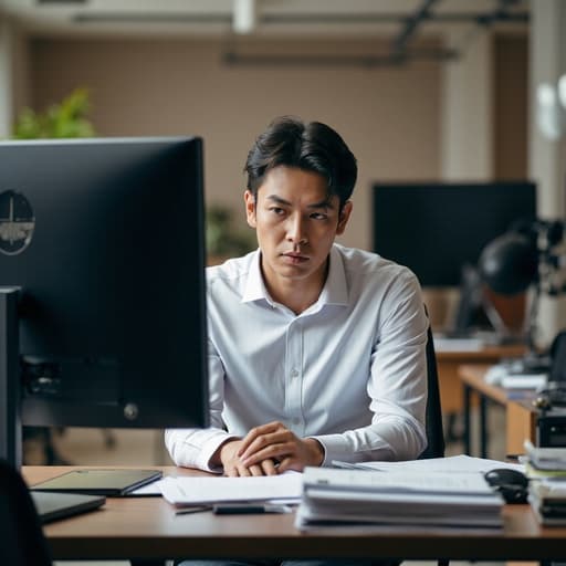 30대 초반의 동양인 남성이 깔끔한 셔츠와 정장 바지를 착용하고 현대적인 사무실에 앉아 있는 반신 사진. 그는 모니터를 응시하며 화난 표정을 짓고 손으로 머리를 감싸고 있습니다. 책상 위에는 노트북과 어지럽혀진 서류들이 있어 스트레스와 바쁜 분위기를 전달합니다.