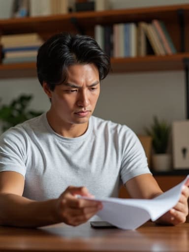 30대 중반의 아시아계 남성이 편안한 티셔츠와 청바지를 입고 정돈된 거실의 책상에 앉아 중요한 문서를 손에 들고 실망한 표정을 짓고 있습니다. 배경은 깔끔하게 정돈된 서재 책장이 보이며, 장면의 지적 분위기를 더해줍니다.