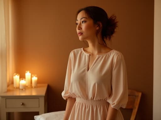 30대 후반의 혼혈 여성의 반신 샷으로, 편안한 원피스와 슬리퍼를 착용하고 아늑한 마사지샵에 서 있습니다. 그녀는 기분이 좋지 않은 상태를 나타내는 우울한 표정을 지으며 마사지 로브로 갈아입으려는 자세를 취하고 있습니다. 부드러운 조명이 비추는 따뜻하고 초대하는 분위기가 그녀의 감정 상태와 대조를 이루고 있습니다.