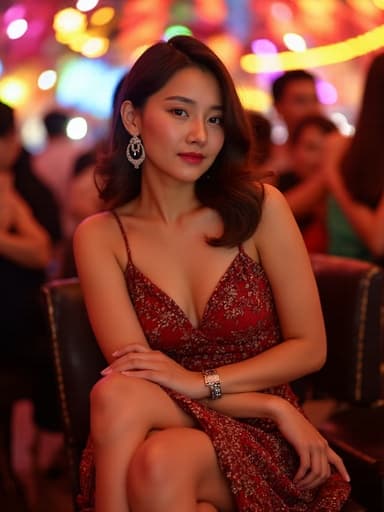 화려한 드레스를 입고 악세서리를 착용한 10대 후반의 아시아계 여성이, 축제의 화려한 조명이 비추는 분위기 속에서 자신감 넘치는 모습으로 의자에 앉아 있는 반신 사진입니다.