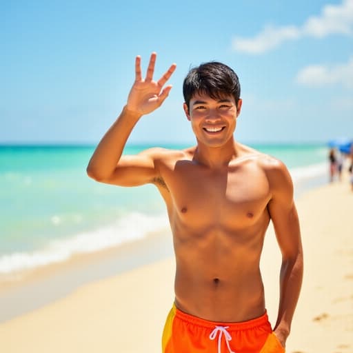 수영복을 입고 썬크림을 바르는 20대 후반 아시아계 남성이 평온한 표정으로 미소를 지으며 손을 높이 들어 인사하는 모습이 푸른 바다와 모래사장이 펼쳐진 배경 속에서 자연스럽고 매력적으로 담긴 반신사진입니다.