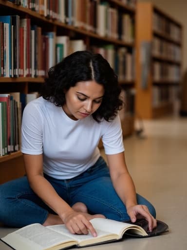 30대 초반의 라틴계 여성이 청바지와 흰색 티셔츠를 입고 조용한 도서관 바닥에 앉아 있습니다. 그녀는 책장을 둘러싼 책들 속에서 책의 페이지를 넘기며 집중하고 있는 모습으로 긴장한 표정을 짓고 있어, 차분하고 학구적인 분위기를 만들어냅니다.