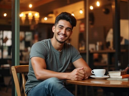 20대 후반의 매력적인 백인 남성이 편안한 티셔츠와 청바지를 입고 아늑한 카페 테이블에 앉아 커피와 책들이 놓인 모습의 반신 사진. 그는 매력적인 미소를 지으며 따뜻한 카페 분위기 속에서 여유로운 순간을 담고 있습니다.