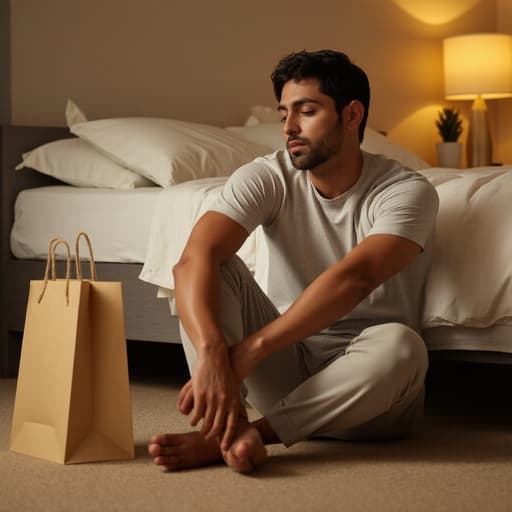 아늑한 침실 바닥에 앉아 있는 20대 후반의 중동계 남성을 반신 촬영한 이미지로, 편안한 티셔츠와 운동복 바지를 입고 여유롭지만 약간 피곤한 표정을 지니고 있습니다. 쇼핑백이 옆에 놓여 있고, 부드러운 조명과 깔끔하게 정돈된 침대가 배경을 이루고 있습니다.
