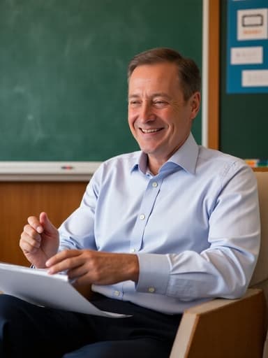 50대 초반의 유럽계 남성이 버튼업 셔츠와 정장 바지를 입고 교실의 소파에 편안하게 앉아 있습니다. 그는 긍정적인 표정을 지으며 벽에 있는 교육 자료를 가리키고 있으며, 따뜻하고 초대하는 분위기 속에 있습니다.