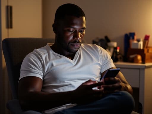30대 후반의 아프리카계 남성이 편안한 티셔츠와 청바지를 입고 스마트폰을 응시하며 피곤한 표정을 짓고 있는 반신 사진. 주변은 부드럽게 비추는 조명 아래 화장품과 개인 물품들이 놓인 개인 공간입니다.