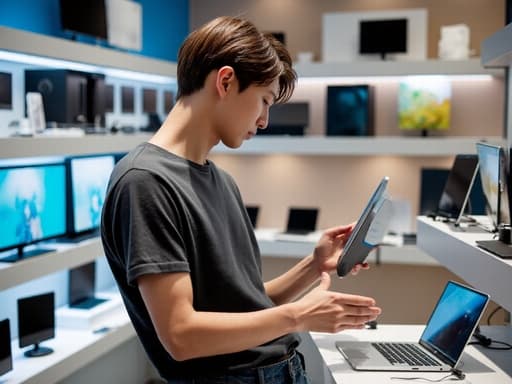 20대 초반 아시아계 남성이 캐주얼한 티셔츠와 청바지를 입고 전자기기를 살펴보며 편안한 표정을 짓고 있는 모습의 반신 촬영입니다. 다양한 전자제품이 진열된 전자매장 내부에서 따뜻하고 초대하는 분위기를 자아냅니다.