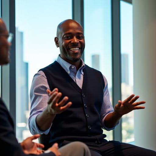 40대 중반의 아프리카계 남성이 편안한 비즈니스 캐주얼 의상, 셔츠와 조끼를 착용하고 있는 반신 사진입니다. 그는 회의실에 앉아 손을 사용하여 아이디어를 설명하며 열정적이고 친근한 미소를 짓고 있습니다. 그의 뒤에는 큰 창문을 통해 분주한 도시 풍경이 보이며, 역동적인 직장 분위기를 만들어냅니다.