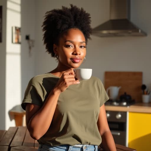 20대 후반의 흑인 여성이 아늑하고 현대적인 주방에서 편안한 티셔츠와 반바지를 입고, 커피 잔을 들고 여유로운 표정으로 시간을 즐기고 있는 모습.