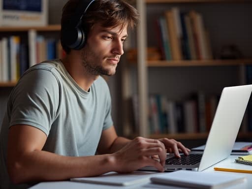 10대 후반의 혼혈 남성 모델이 책상에 앉아 노트북에 타이핑을 하며 고민하는 표정을 짓고 있습니다. 그는 편안한 티셔츠와 청바지를 착용하고 있으며, 헤드폰이 목에 걸쳐져 있습니다. 배경은 책과 노트가 어지럽혀진 깔끔한 책상으로, 공부하는 분위기를 자아내며 부드럽고 매력적인 조명 아래에서 촬영되었습니다.