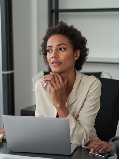 중반 40대 아프리카계 여성이 세련된 블라우스와 맞춤 슬랙스를 입고 현대적인 사무실 책상에 앉아 있는 모습의 반신 사진입니다. 그녀는 약간 당황한 표정으로 화면을 바라보며 손으로 턱을 괴고 있습니다. 배경에는 다양한 사무용품과 노트북이 놓인 세련된 사무실 환경이 펼쳐져 있어 전문적이면서도 매력적인 분위기를 자아냅니다.