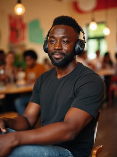 중년 아프리카계 남성이 헤드폰을 착용하고 음악에 집중하며 아늑한 커뮤니티 센터에 편안하게 앉아 있습니다. 그는 편안한 티셔츠와 청바지를 입고 있으며, 다양한 사람들로 가득한 활기찬 분위기 속에서 여유로운 느낌을 발산하고 있습니다. 부드러운 조명이 따뜻한 장면을 만들어주며, 음악과 커뮤니티의 즐거움을 강조합니다.