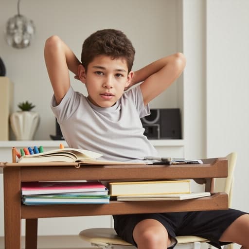 자연스러운 외모를 가진 혼혈 10대 남성이 깔끔하게 정리된 공부책상에 앉아 있는 모습의 반신 샷입니다. 편안한 티셔츠와 운동 반바지를 입고 팔을 자연스럽게 뻗고 있으며, 지루한 표정으로 공부하는 모습을 강조합니다. 책과 학습 도구들로 가득한 정돈된 방의 배경이 돋보입니다.
