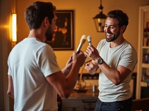중년의 혼혈 남성이 편안한 티셔츠와 캐주얼한 바지를 입고, 따뜻한 조명이 비추는 집 사무실에서 거울 앞에 서서 화장품을 사용하며 행복한 표정을 짓고 있는 모습을 반신 촬영한 이미지입니다.