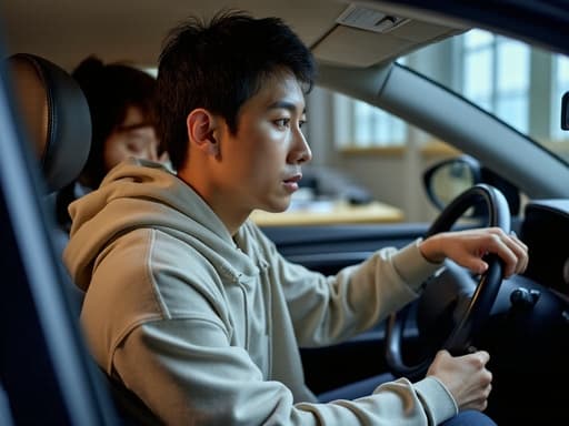 20대 후반의 동양인 남성이 캐주얼한 티셔츠와 후드티를 입고 온라인 수업을 듣는 듯한 자세로 앉아 있습니다. 스트레스를 받은 듯한 찡그린 표정이 원격 학습의 압박을 강조합니다. 배경에는 컴퓨터 모니터와 강의 자료가 있는 온라인 강의실 설정이 보여져 현대 교육의 도전을 강화합니다.