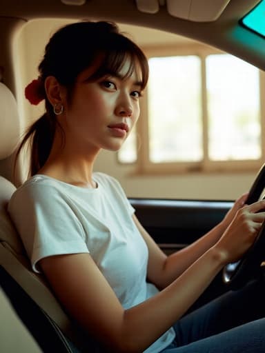20대 중반의 유럽계 여성의 반신 사진으로, 자연스러운 외모를 가지고 있으며 편안한 티셔츠와 청바지를 입고 있습니다. 그녀는 차가운 표정을 지으며 운전대에 손을 올린 채 집중하고 있습니다. 배경은 부드러운 자연광이 비치는 아늑한 거실입니다.