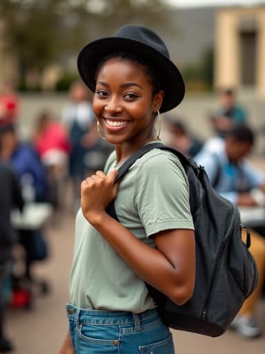 30대 초반의 흑인 여성이 밝은 미소를 지으며 편안한 티셔츠와 청바지를 입고 있는 모습의 초상화입니다. 그녀는 한 손으로 학생 가방을 들고 있으며, 다양한 학생들이 공부하는 학원 내부의 생기 넘치는 배경을 배경으로 하여 열정적이고 학습하는 분위기를 만들어냅니다.