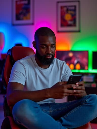 30대 중반의 아프리카계 남성이 화려한 게임방에서 스마트폰을 사용하며 크로스 레그로 앉아 있습니다. 캐주얼한 티셔츠와 청바지를 입고 평온한 표정을 지으며, 게임기와 포스터로 가득한 배경과 대조를 이루어 매력적이고 편안한 장면을 연출합니다.
