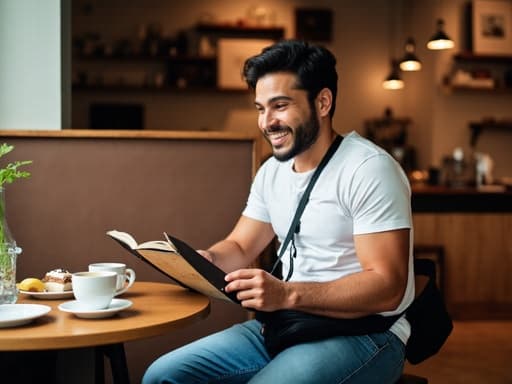 30대 초반의 자신감 있는 라틴계 남성이 편안한 티셔츠와 청바지를 입고 있으며, 한 손으로 카페 메뉴판을 살펴보면서 밝게 웃고 있습니다. 그의 어깨에는 가방이 걸려 있고, 배경은 커피와 디저트가 놓인 아늑한 카페입니다.