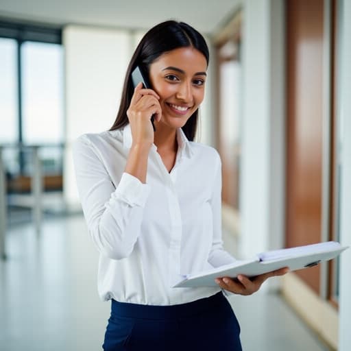 20대 후반의 라틴계 여성이 화이트 블라우스와 네이비 슬랙스를 입고 긍정적인 미소를 지으며 현대적인 사무실에서 멀티태스킹하는 모습입니다. 그녀는 귀에 전화기를 대고 한 손으로 메모를 하며 세련된 공간에서 전문성과 친근함을 발산하고 있습니다.