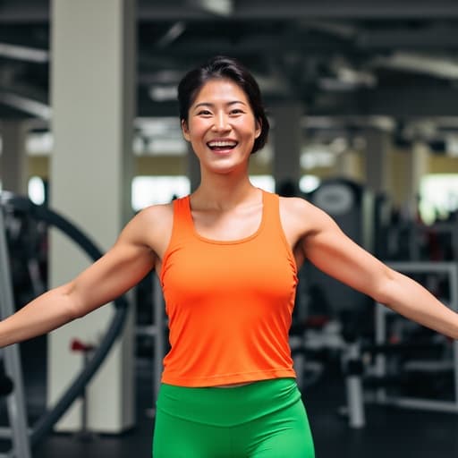 밝은 색상의 탱크탑과 레깅스를 입은 40대 중반의 동양인 여성이 헬스장에서 팔을 벌리고 환하게 웃고 있으며, 운동 기구들로 둘러싸여 에너지와 긍정적인 분위기를 발산하고 있습니다.