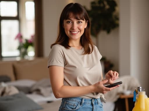 20대 중반의 유럽계 여성이 자연스러운 외모로 아늑한 개인 공간을 청소하며 행복하게 미소짓고 있습니다. 티셔츠와 청바지를 입고 한 손에 스마트폰을 들고 다른 손으로 청소 도구를 사용하여 여유롭고 몰입한 모습을 보여주며 초대받은 집의 따뜻한 분위기를 완벽하게 담고 있습니다.