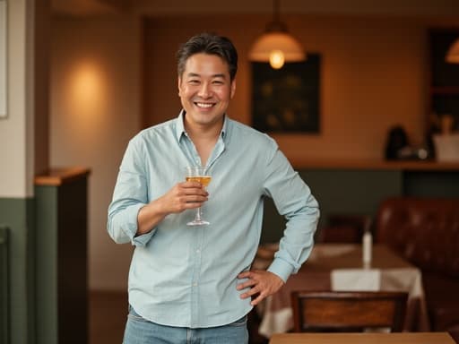 40대 초반의 자연스러운 외모를 가진 동양인 남성이 캐주얼한 셔츠와 청바지를 착용하고, 아늑하고 세련된 다이닝룸에서 잔을 들고 가벼운 미소를 지으며 음료를 마시고 있는 모습.