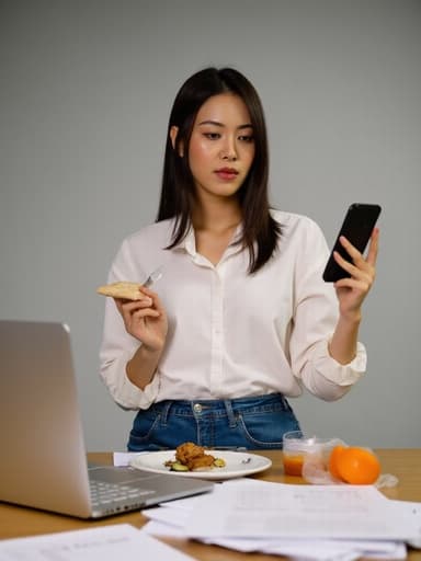 30대 초반의 동양인 여성이 캐주얼한 블라우스와 청바지를 입고, 한 손에는 스마트폰을 들고 다른 손으로 음식을 먹으며 스트레스를 받은 듯한 표정을 짓고 있는 반신 사진입니다. 배경은 사무실 환경으로, 책상 위에 노트북과 서류가 놓여 있어 전형적인 직장 생활을 전달합니다.