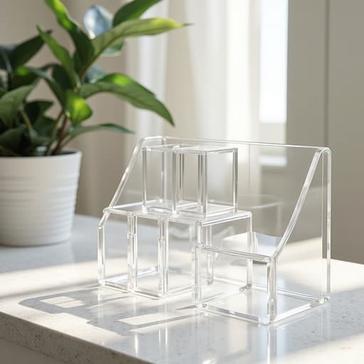 중앙에 위치한 아크릴 정리함, 부드러운 곡선을 가진 투명 아크릴로, 유기적 형태에 둘러싸여 있어 차분하고 미니멀리스트한 분위기를 자아냅니다.