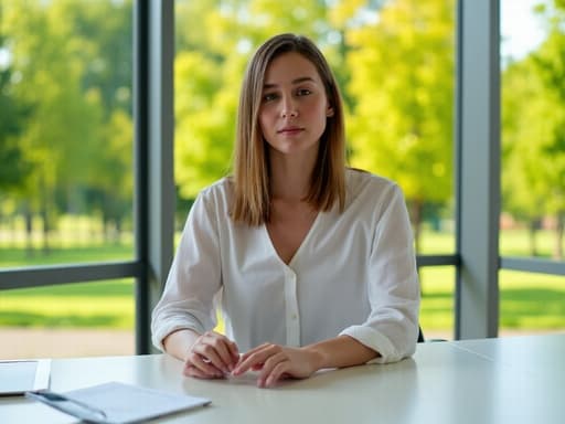 20대 초반의 유럽계 여성, 캐주얼한 블라우스와 청바지를 입고 회의실의 테이블에 편안하게 앉아 있으며, 평온한 표정을 짓고 있습니다. 배경에는 창문 너머로 보이는 푸르른 공원이 있어 전문적인 공간의 고요한 분위기를 더해줍니다.