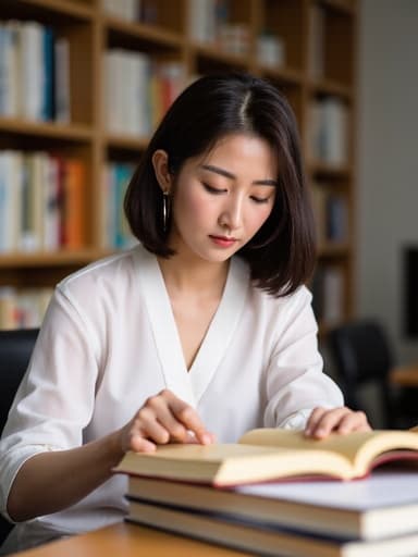 50대 초반의 자연스러운 한국인 여성의 반신 사진입니다. 그녀는 대학 캠퍼스의 회의실에 앉아 있으며, 편안한 블라우스와 슬랙스를 착용하고 있습니다. 평온한 표정으로 손에 들고 있는 책을 읽고 있어 집중과 평온함의 느낌을 줍니다. 주변에는 책과 노트가 흩어져 있어 학문적 환경을 강조하고 전체적인 분위기를 차분하고 학습에 몰입한 느낌으로 만들어줍니다.