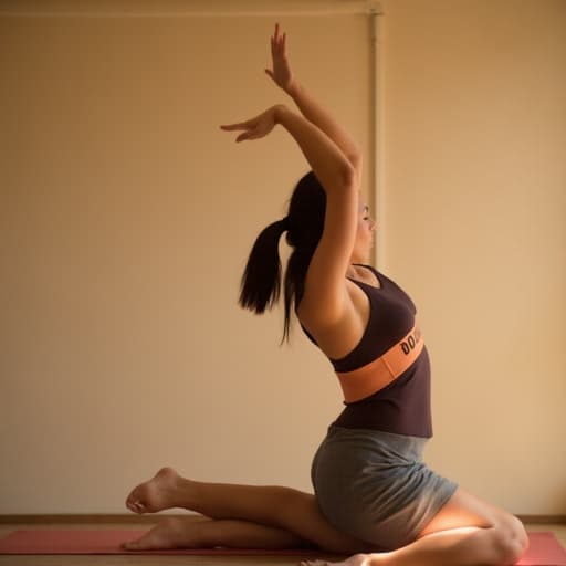 편안한 요가 복을 입은 중동계 10대 소녀가 부드러운 조명이 비치는 요가 스튜디오에서 열정적인 표정으로 스트레칭을 하고 있는 모습입니다. 그녀는 팔을 위로 쭉 뻗고 몸을 옆으로 기울이며 요가의 정신과 집중력을 표현하고 있습니다.