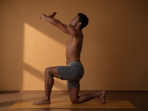 편안한 요가복을 입은 40대 중반의 라틴계 남성이 안정된 요가 자세를 취하며 차분하게 집중하고 있는 모습이 아늑한 요가 스튜디오에서 부드러운 조명 아래 펼쳐져, 평온함과 균형을 반영하고 있습니다.