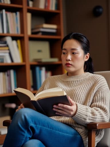 40대 초반의 한국인 여성의 반신 사진으로, 편안한 니트 스웨터와 청바지를 입고 크로스 레그로 앉아 책에 집중하고 있습니다. 그녀의 표정은 약간의 불안을 나타내며, 배경은 책장이 가득한 조용한 학습 공간으로, 평온함과 집중의 분위기를 자아냅니다.