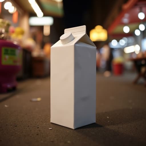 우유 팩, 깨끗하고 브랜드가 없는, 번잡한 야시장 거리에 중앙에 배치된, 부드럽고 따뜻한 자연광이 팩의 미세한 질감을 강조하며, 부드러운 그림자가 다채로운 시장 배경으로 녹아들고, 먼 곳의 생생한 조명이 있는 약간 흐릿한 노점들.