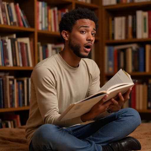 따뜻한 도서관에 앉아 있는 10대 후반의 흑인 남성이 요리책을 들고 있으며, 예상치 못한 상황에 당황한 표정을 짓고 있다. 그는 편안한 티셔츠와 청바지를 입고 있으며, 주변의 책들이 아늑한 분위기를 만들어내고 있다.