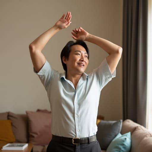 40대 중반의 한국인 남성이 캐주얼한 셔츠와 편안한 바지를 입고 팔을 위로 쭉 뻗으며 우아한 표정을 짓고 여유로운 감정을 표현하는 모습이 반신 촬영으로 담겨 있습니다. 아늑한 거실 배경에는 소파와 작은 테이블이 있어 장면의 따뜻한 분위기를 더욱 강조합니다.