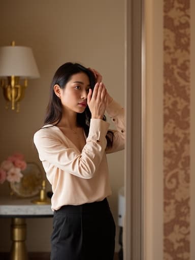 30대 중반의 동양인 여성이 세련된 방에서 트렌디한 블라우스와 슬랙스를 착용하고 스타일리시한 액세서리를 더한 모습입니다. 그녀는 거울을 바라보며 불만스러운 표정을 짓고 손으로 머리를 만지작거리며 실망감이 느껴지는 순간을 표현하고 있습니다. 배경은 화려한 벽지와 조명으로 꾸며져 있습니다.