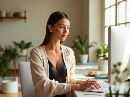 20대 후반의 우아한 백인 여성이 수영복 위에 가벼운 커버업을 착용하고 평화로운 요가 스튜디오에 앉아 있습니다. 그녀는 집중한 표정으로 컴퓨터에서 수영 관련 정보를 검색하며 창문으로 들어오는 따뜻한 자연광에 둘러싸여 있습니다.