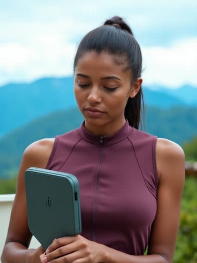 청량한 푸른 산을 배경으로 편안한 운동복을 입은 30대 초반의 흑인 여성이 마사지 기계를 사용하며 긴장을 풀고 있는 반신 샷, 평온함과 자기 관리의 중요성을 전달합니다.