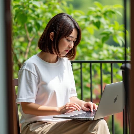 30대 후반의 한국인 여성이 햇살이 잘 드는 아늑한 베란다에 앉아 노트북 앞에서 타이핑을 하며 자유롭고 행복한 표정을 짓고 있습니다. 캐주얼한 티셔츠와 편안한 바지를 입고 있으며, 식물들로 둘러싸인 따뜻한 분위기 속에서 편안함과 기쁨을 발산하고 있습니다.