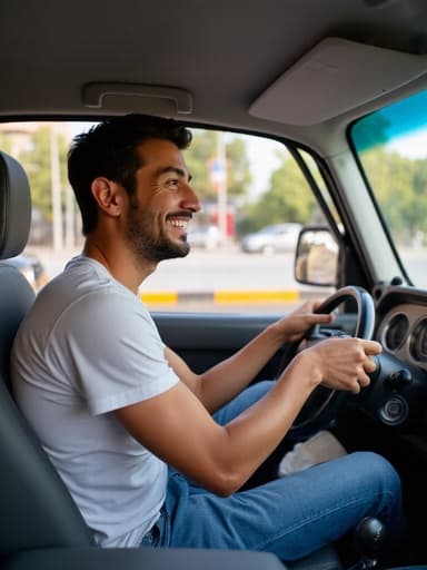 이 이미지는 30대 초반의 중동계 남성이 밝게 웃으며 운전대를 잡고 있는 모습의 반신 사진입니다. 그는 편안한 티셔츠와 청바지를 입고 있으며, 여유로운 분위기를 풍깁니다. 배경에는 차량이 오가는 활기찬 도시 거리가 있어 도시 생활의 주제를 더욱 강조하고 있습니다.