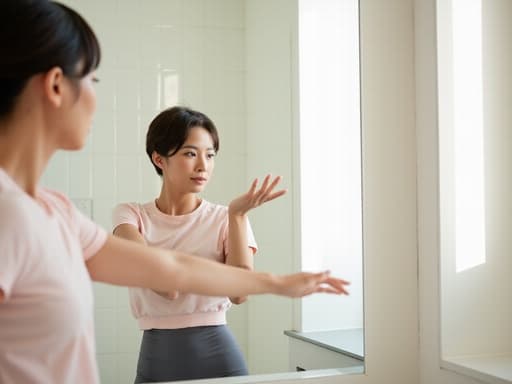 20대 후반의 동양인 여성이 자연스럽고 세련된 외모로 반신 샷으로 촬영되었습니다. 그녀는 부드러운 색조의 티셔츠와 레깅스로 구성된 편안한 홈웨어를 착용하고 있습니다. 깨끗하고 현대적인 욕실 거울 앞에서 유연성을 강조하며 우아하게 스트레칭을 하고 있는 모습입니다. 욕실은 화이트 타일로 꾸며져 있으며, 자연광이 들어오는 창문이 있어 밝고 아늑한 분위기를 자아냅니다.