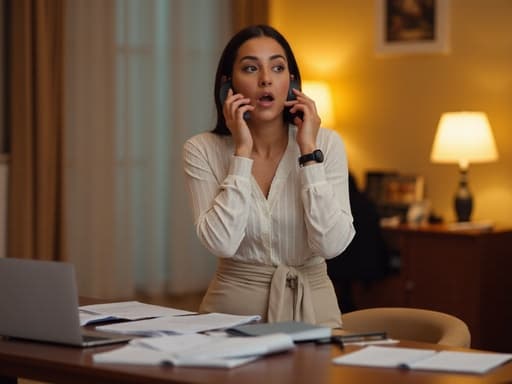 30대 초반의 중동계 여성이 세련된 블라우스와 깔끔한 바지를 입고 아늑한 집 사무실에 앉아 있는 반신 샷을 포착했습니다. 그녀는 놀란 표정을 지으며 휴대폰으로 통화 중인 모습이 생동감 넘치고 친근한 장면을 만들어냅니다. 배경에는 노트북과 서류가 놓인 책상이 있어 전문적이면서도 편안한 분위기를 더합니다.