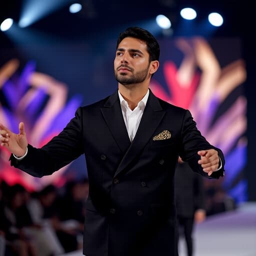 이미지는 30대 후반의 혼혈 남성이 스타일리시한 정장과 트렌디한 액세서리를 착용하고 있는 모습을 보여줍니다. 그는 화려한 조명 속의 패션쇼 런웨이에서 자신감 있는 자세로 서 있으며, 긴장된 표정을 지으며 손을 펼치고 주변을 바라보며 관객과 소통하고 있습니다. 감정의 대비와 패셔너블한 복장이 고급 패션 이벤트의 역동적인 분위기를 강조합니다.