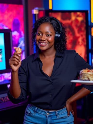 40대 초반의 세련된 아프리카계 여성이 모던한 블라우스와 청바지를 입고 반신 사진으로 촬영되었습니다. 그녀는 헤드폰을 착용하고 음식을 먹으며 음악에 몰두한 모습입니다. 그녀 뒤에는 다양한 게임 기기와 화려한 조명이 있는 게임방이 배경으로, 에너지 넘치고 매력적인 분위기를 만들어냅니다.