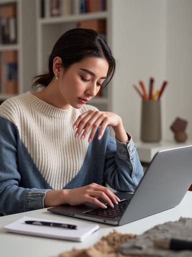 현대적인 스터디룸 책상에 앉아 있는 자신감 넘치는 혼혈 10대 여성의 반신 사진. 패셔너블한 스웨터와 청바지를 입고 세련된 액세서리를 착용하며, 고급스러운 표정을 지으며 노트북 화면을 손가락으로 터치하고 있는 모습. 깔끔하고 현대적인 배경에 다양한 문구류가 놓여 있다.